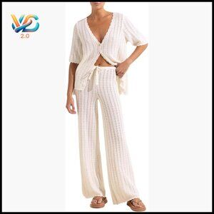 Crochet Knit Cardigan Top and Wide Leg Pants Swimsuit Cover Up Set